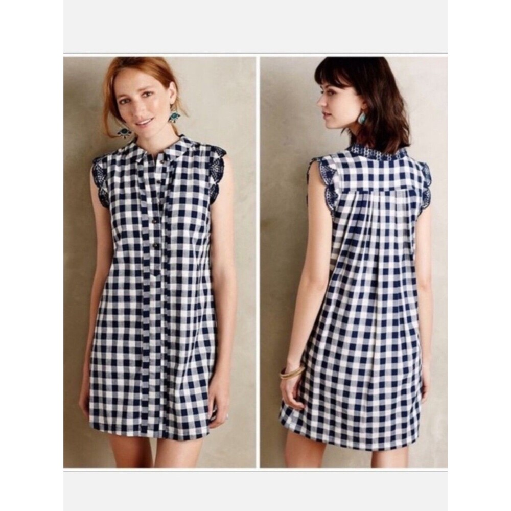 Anthropologie Dear Creatures Blue Gingham Button Down Ruffle Sleeve Dress